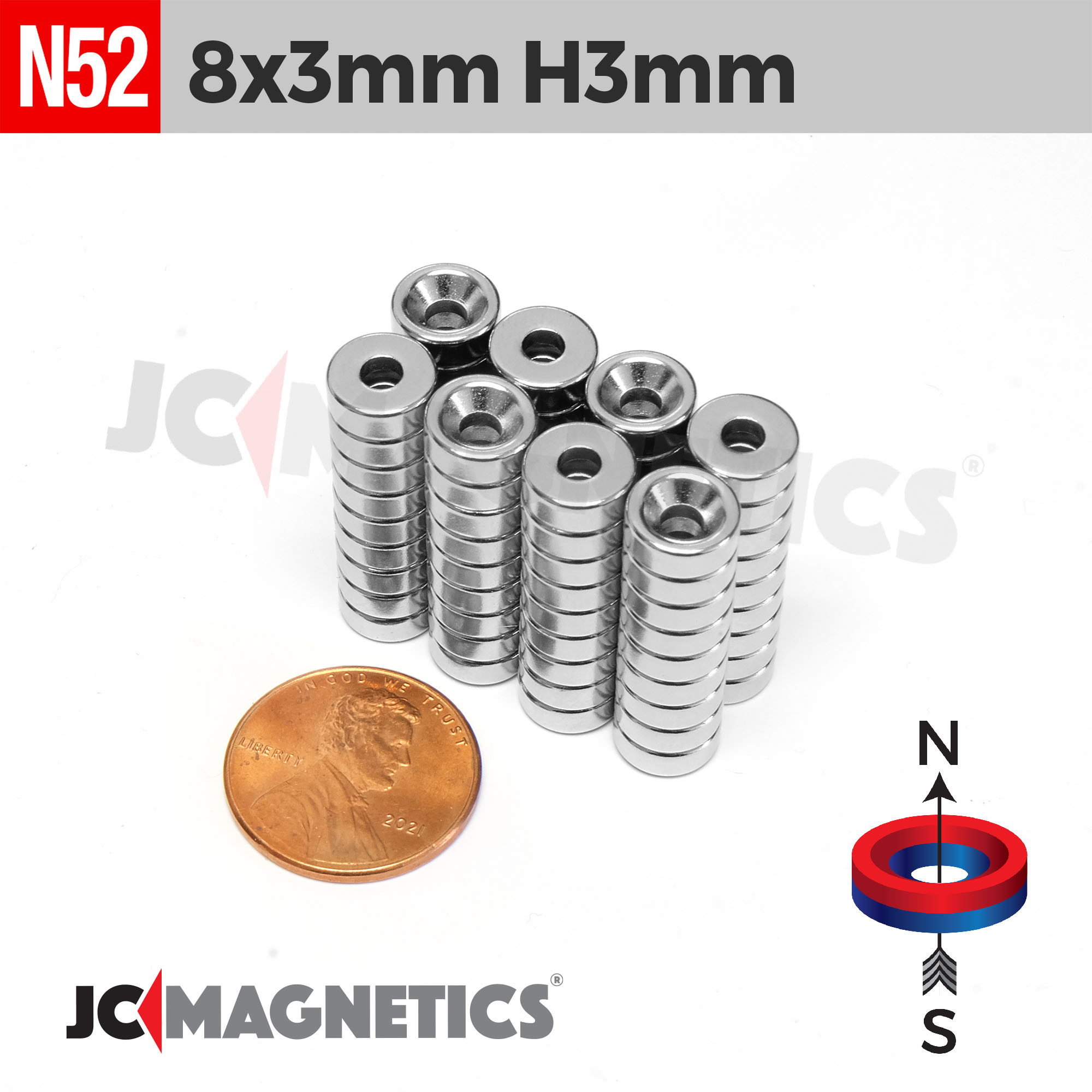 8mm x 3mm Hole 3mm N52 Countersunk Ring Rare Earth Neodymium